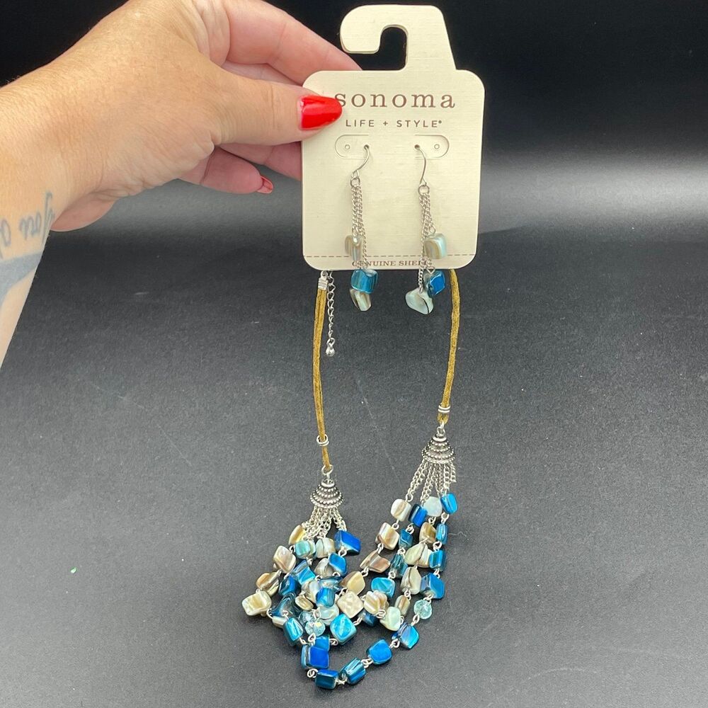 NWT Sonoma Kohls Genuine Shell Turquoise Blue Beaded Statement Necklace Set